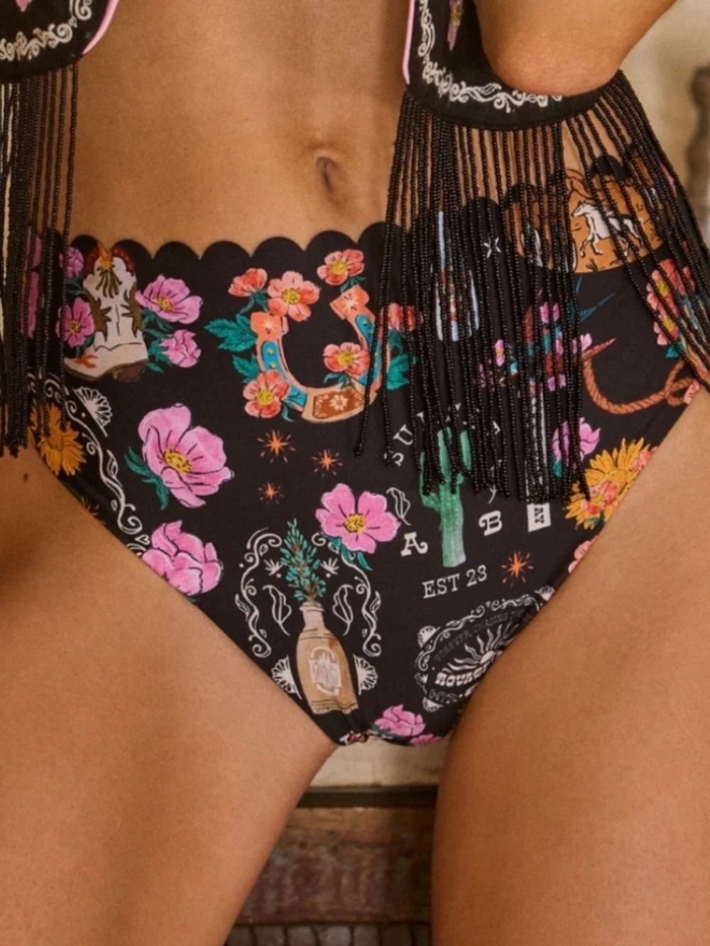 NWT Agua Bendita Penelope Nopal Bikini Bottoms Black Southwestern Print XL